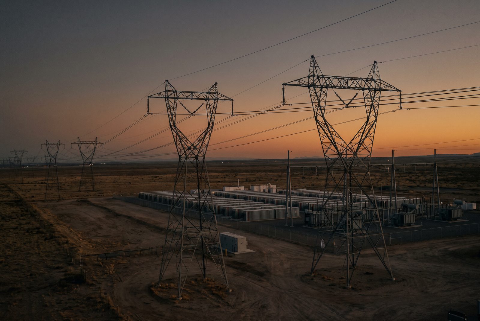 Transmission towers and a battery storage yard at dusk