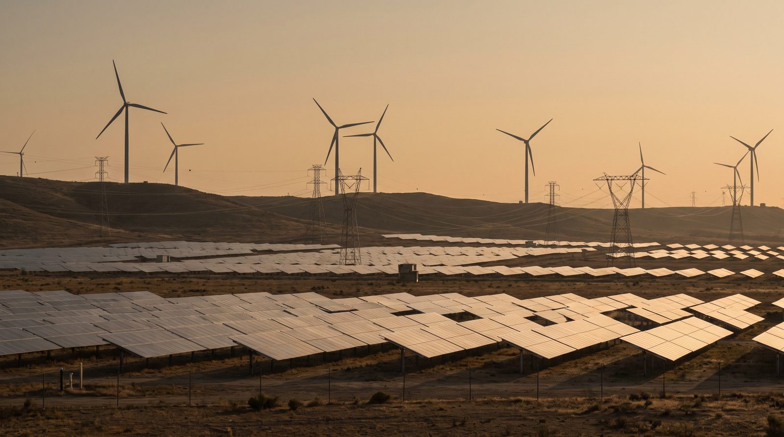 Solar array, wind turbines and transmission lines at golden hour
