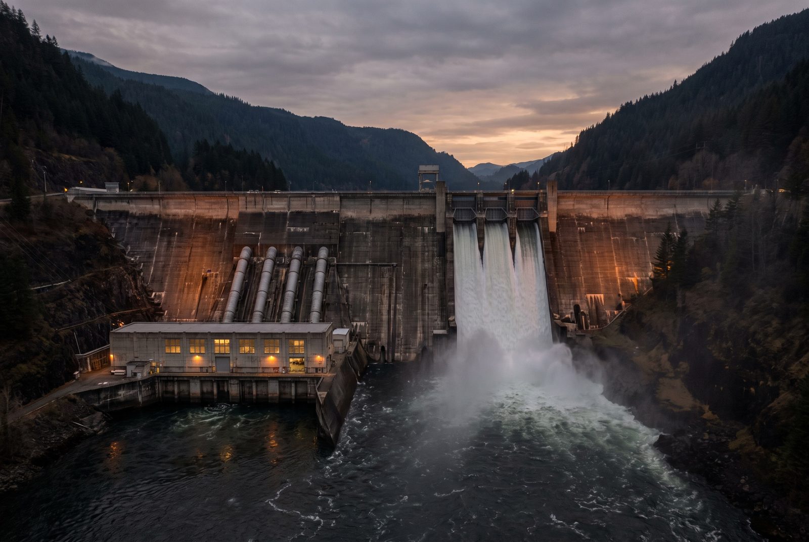 Hydroelectric dam discharging at dusk
