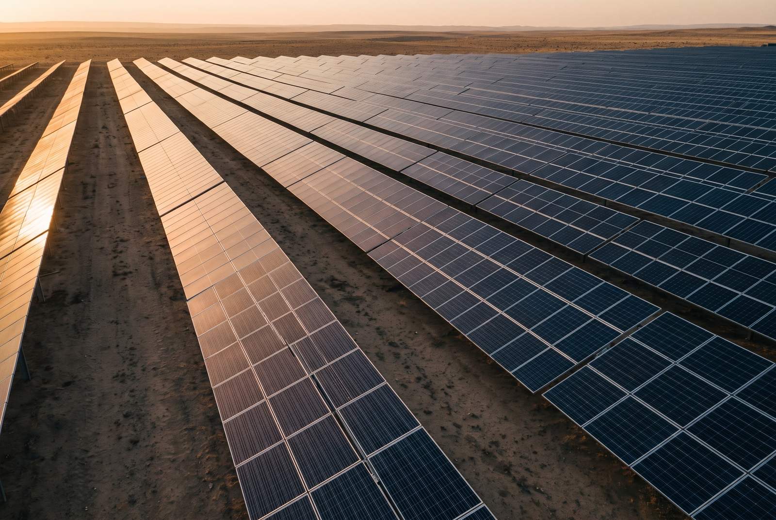 Utility-scale solar photovoltaic array at golden hour